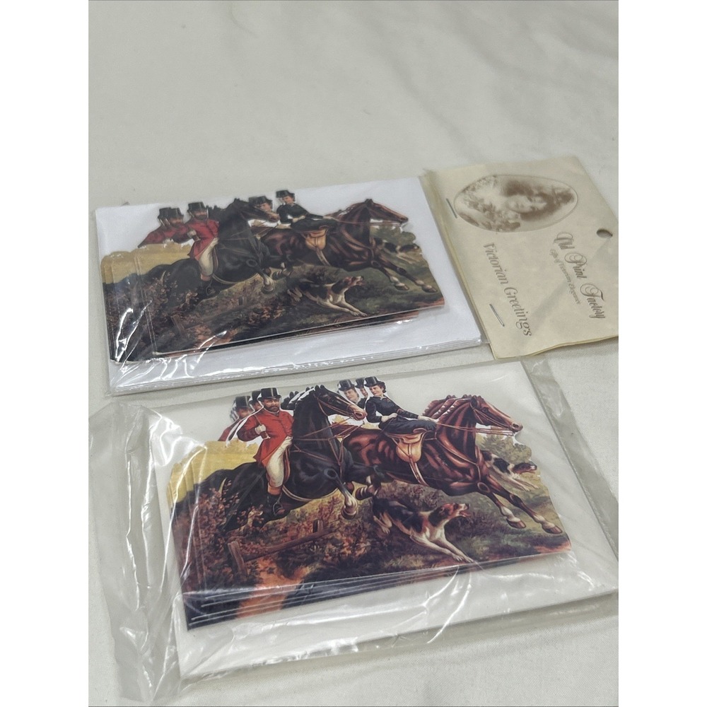 Set Of 12 Old Print Factory Victorian Elegance Fox Hunt Greet Card Horses Hounds